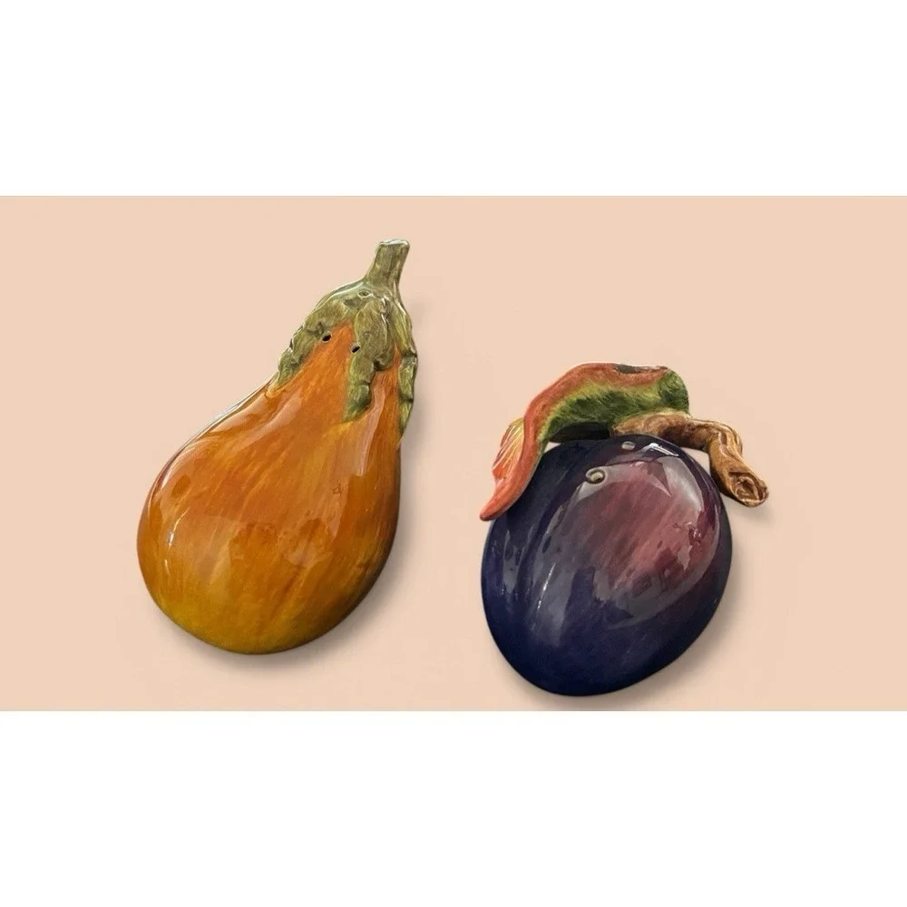 Fitz & Floyd Eggplant And Squash Salt Pepper Shaker Set Multicolor Vintage Leaf